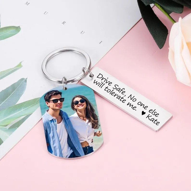 Personalized Photo Keychain, Engraved Picture Keychain, 1st Anniversary Boyfriend Gift, Girlfriend Gift Idea, 10 Years Valentine's Day Gift