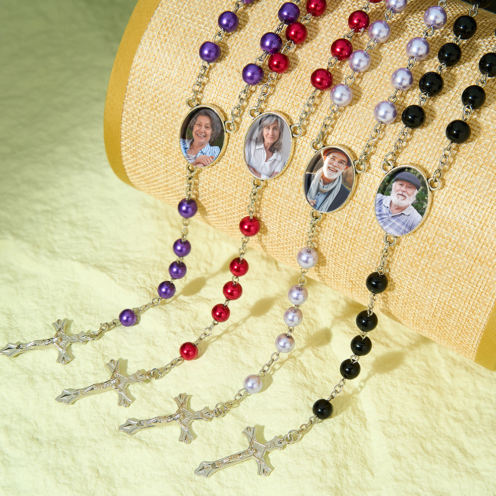 Memorial Gift Custom Rosary with Picture Personalised Rosary Beads Custom Rosary Beads Cross Multi-Color Necklace Sentimental Rosary Photo Necklace