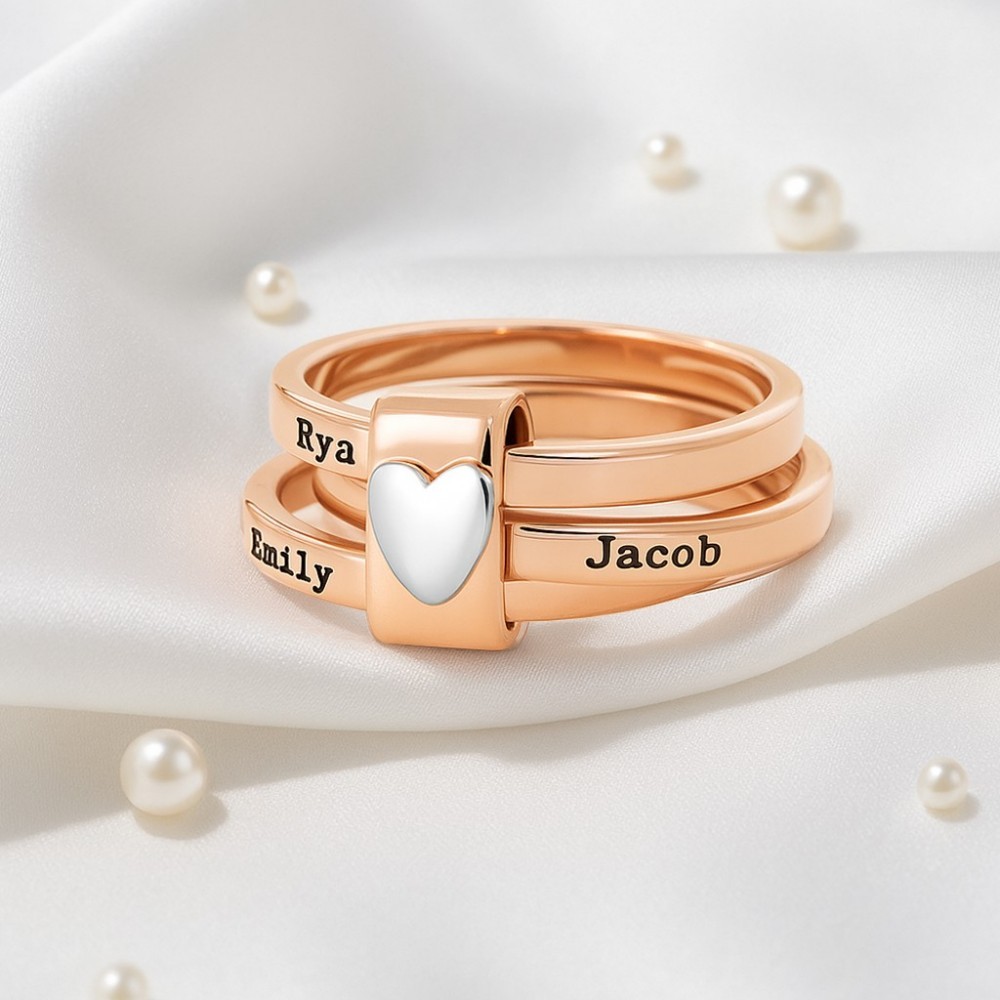 Personalized Sterling Silver Heart Name Stacking Ring Custom Engraved 2-7 Names Jewelry, Perfect Christmas, Valentine��s & Birthday Gift for Mom Grandma