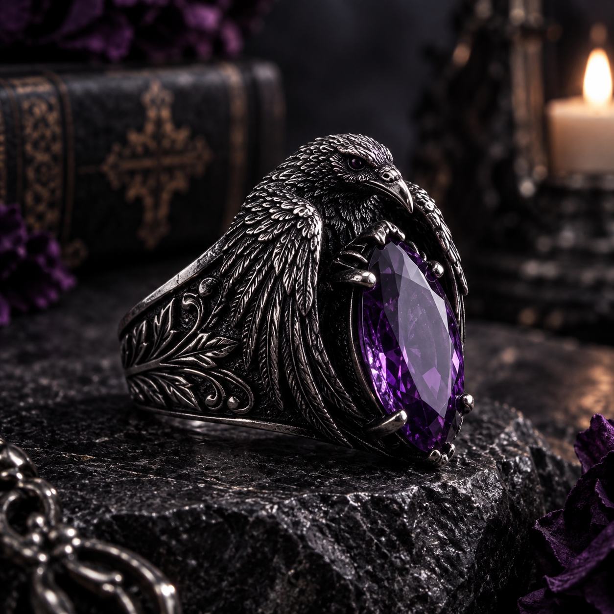 Raven Embrace Ring – Sculptural 925 Sterling Silver with Purple Oval Stone, Wings & Scrollwork