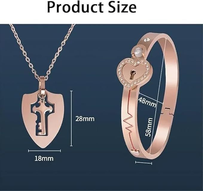 Unlock Your Love Personalized Projection Love Lock Couple Bracelet & Key Necklace Set Custom Photo or 'I Love You' in 100 Languages Matching Bracelet & Key Necklace