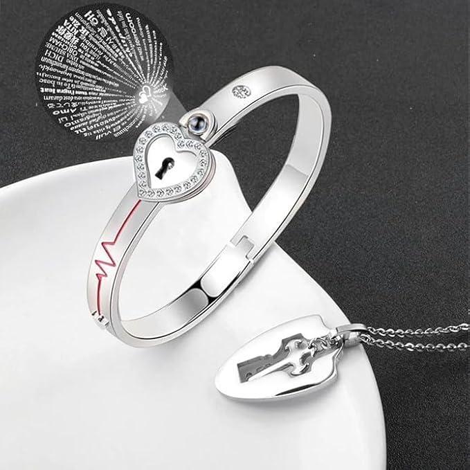 Lock Bracelet and Key Necklace Set, Lock Bracelet and Key Necklace Couples Jewelry, Necklace for Couple,You Hold The Key to My Heart (B)