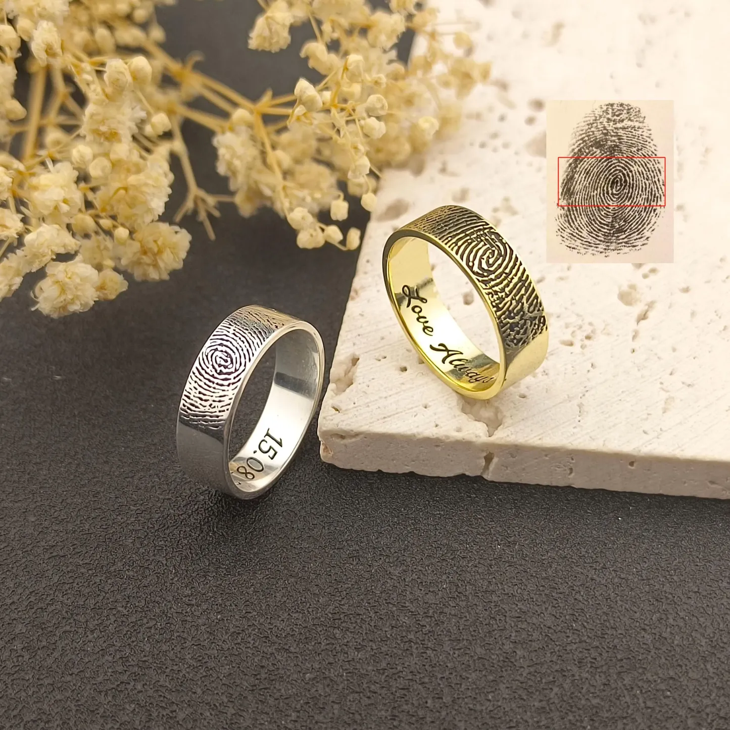 Custom Actual Fingerprint Band Ring Personalized Men Thumb Print Band Gift for Him