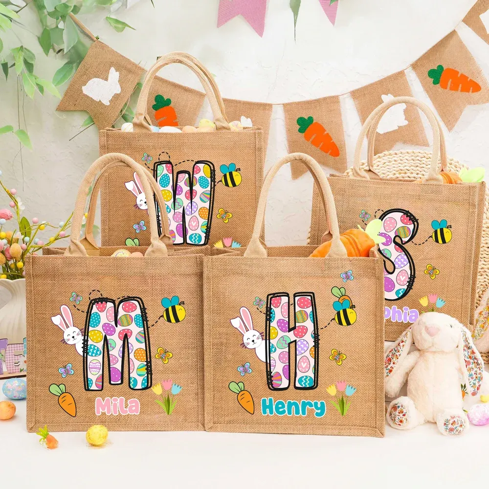 Personalized Easter Egg Initial Bunny Jute Tote Bag Custom Easter Egg Hunting Bag With Custom Name Gifts for Kids