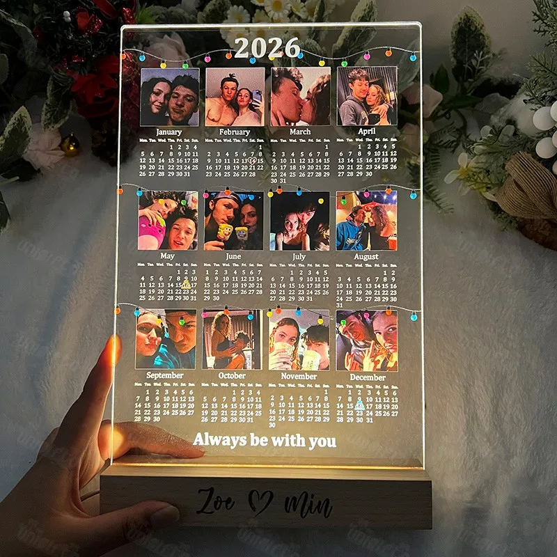 Personalized Photo 2026 Calendar LED Light Custom Couple Picture Glow Night Light Desk Calendar 2026 New Year Valentines Day Gift