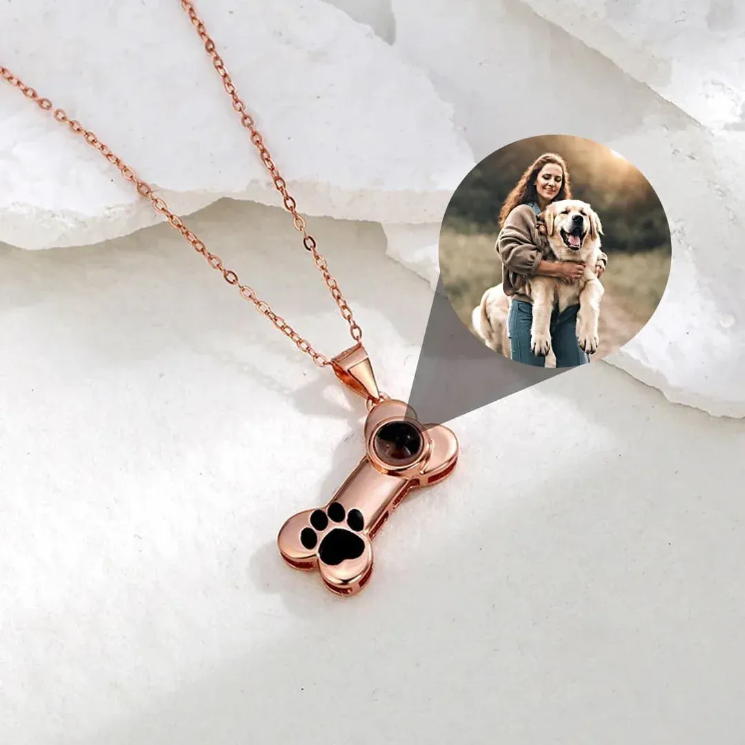 Personalized Dog Bone Projection Necklace with Custom Photo Inside  Unique Pet Memory Keepsake Gift