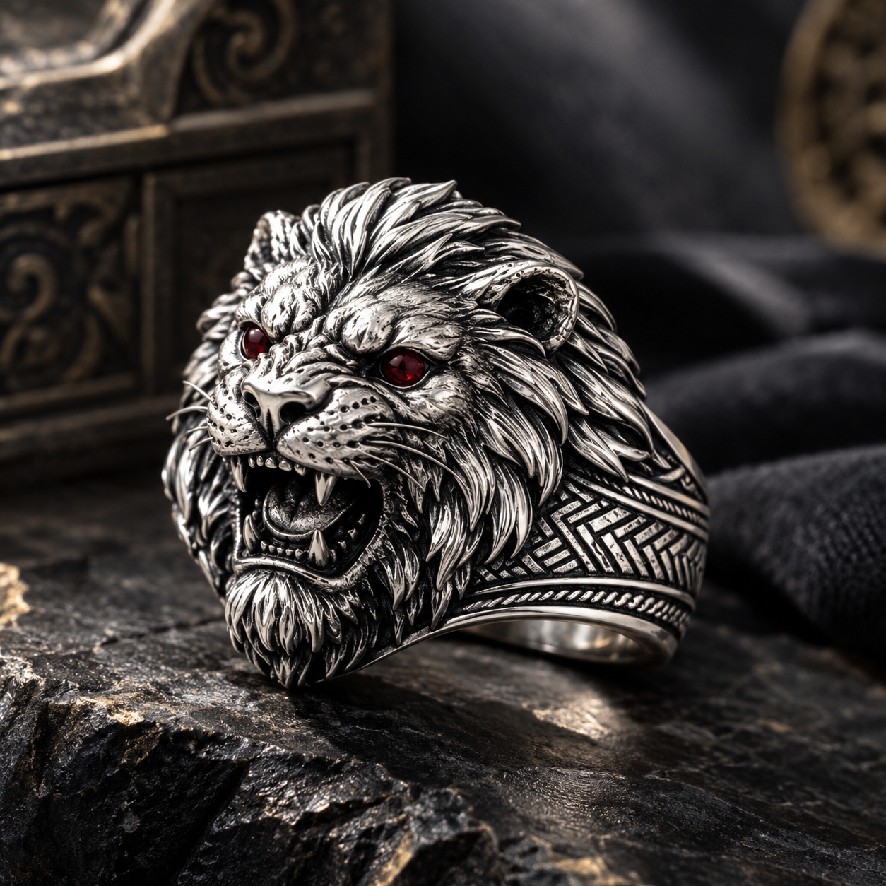 Roaring Lion Ring – Sculptural 925 Sterling Silver with Red Eyes, Tribal Patterns & Wide Band