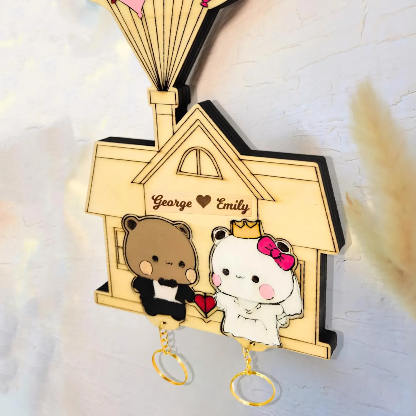 Personalized Wedding Bear Couple Keychain Holder Custom Name Wood Key Hanger for Couplest High-Quality Personalized Key Holder Set