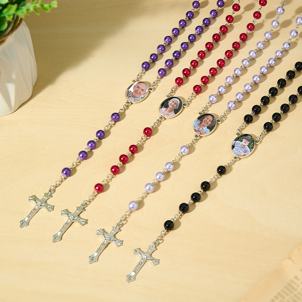 Memorial Rosary Beads Custom Rosary with Picture Personalised Rosary Beads Custom Rosary Beads Cross Multi-Color Necklace Sentimental Rosary Photo Necklace