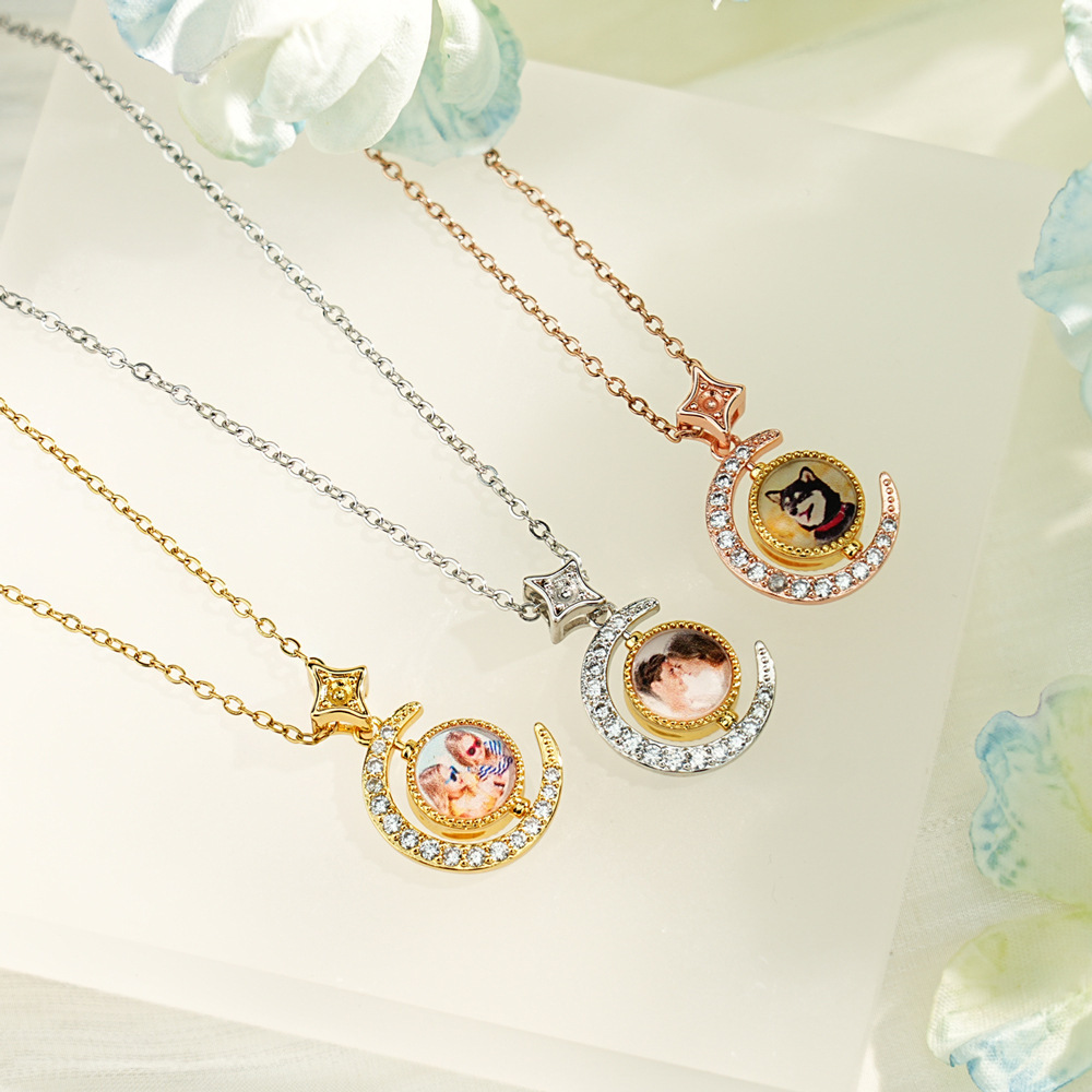 Personalized Moon & Sun Spinner Photo Necklace Custom Two-Photo Flip Necklace Celestial Photo Rotating Necklace Valentine's Day Gift for Her
