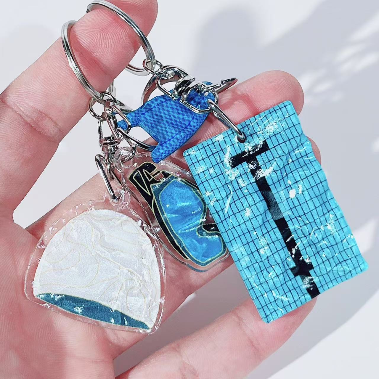 Water Ripple Swimming Pool Keychain Swim Cap Goggles Kickboard Charm Keyring