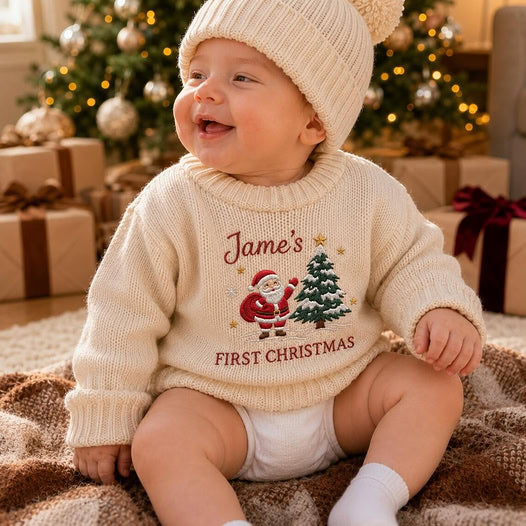 Custom Embroidered Name Baby Christmas Sweater First Christmas Knit Outfit Gift For Infant Toddler