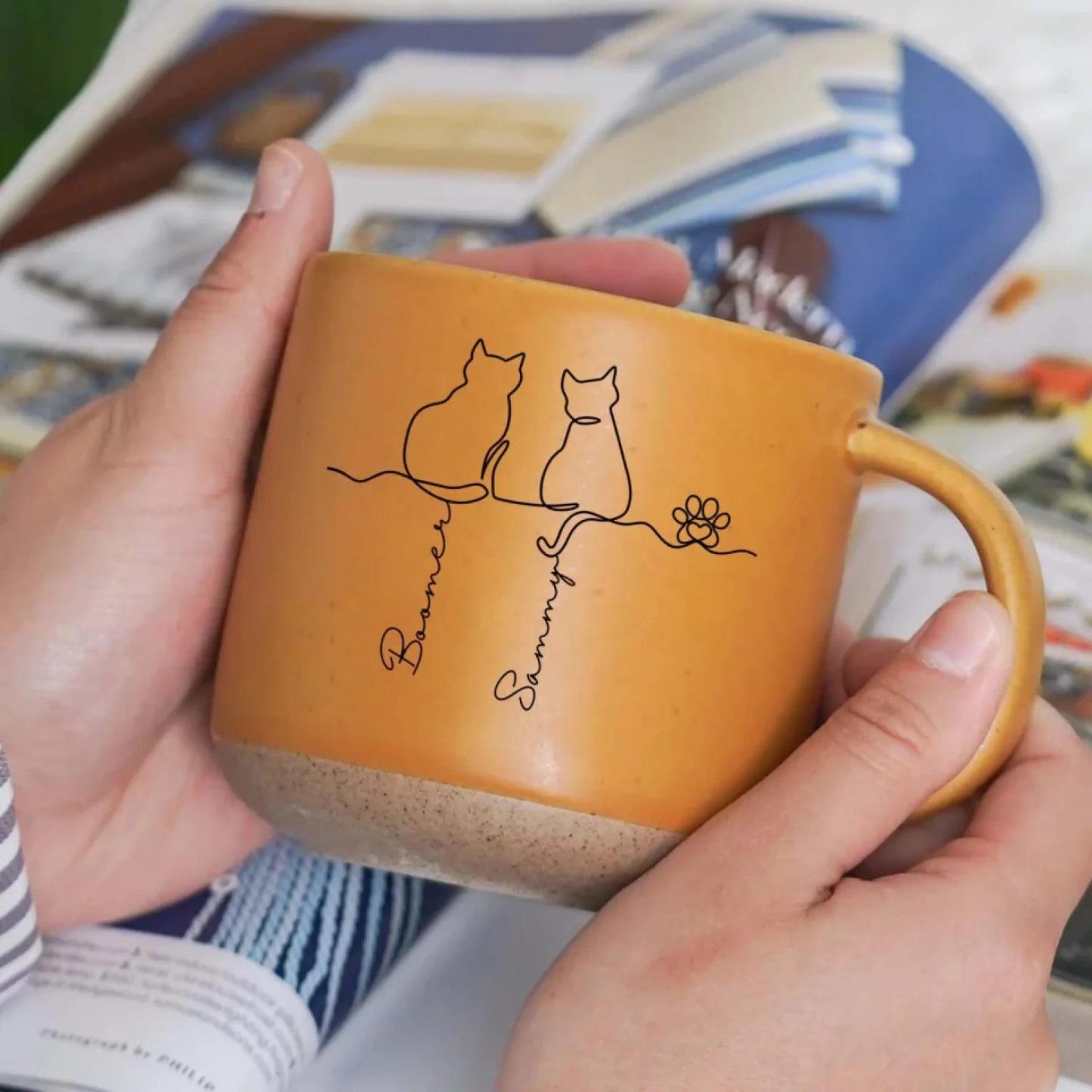 Personalized Cute Cats Pottery Mug Custom  Pottery Mug Gift for Cat Mom, Cat Dad & Cat Lovers