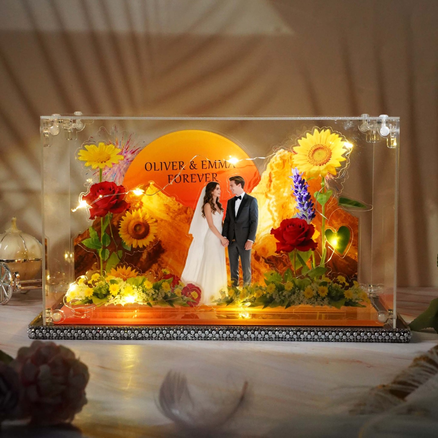 Custom Golden Mountain Sun Acrylic Wedding Photo Stand Multi Layer Acrylic Stand Eternal Love Photo Decoration