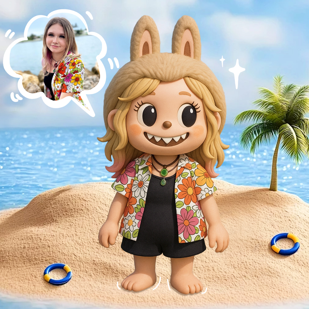 Cute Bunny Girl 3D Cartoon Figure with Colorful Floral Summer Outfit - namenecklace