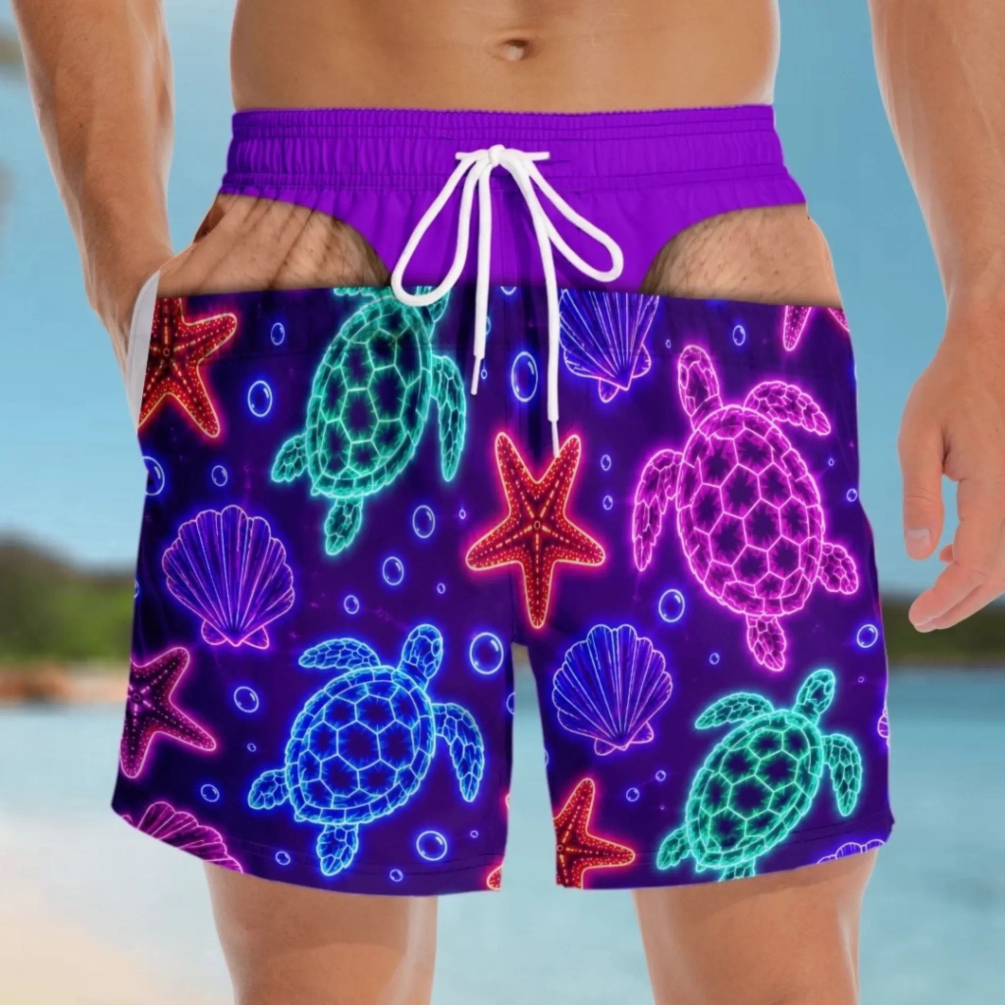 Custom Neon Print Fake Thong Men Swim Trunks Novelty Board Shorts Customized Gag Photo Swim Trunks Neon Prank Beach Shorts for Men