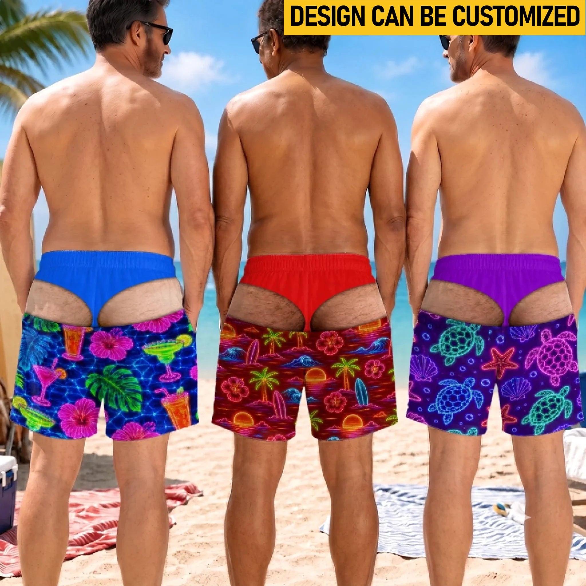 Custom Neon Print Fake Thong Men Swim Trunks Novelty Board Shorts Customized Gag Photo Swim Trunks Neon Prank Beach Shorts for Men
