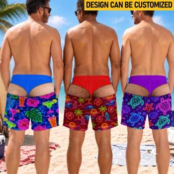 Custom Neon Print Fake Thong Men Swim Trunks Novelty Board Shorts Customized Gag Photo Swim Trunks Neon Prank Beach Shorts for Men