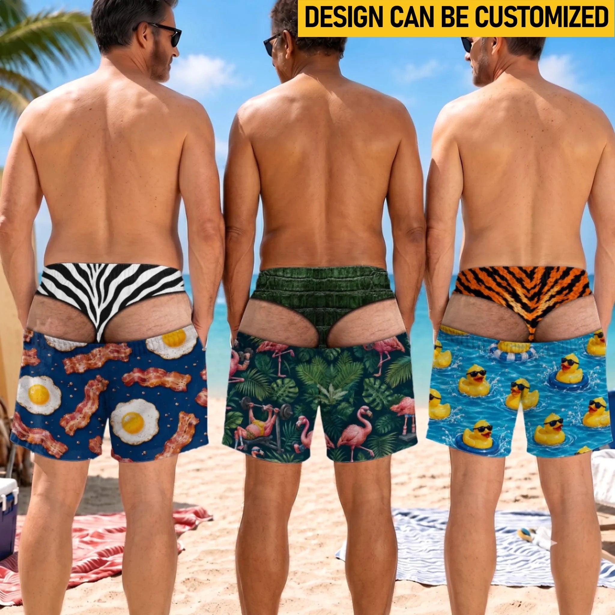 Funny Custom Fake Thong Men Swim Trunks Novelty Board Shorts Customized Gag Photo Swim Trunks Prank Beach Shorts for Men