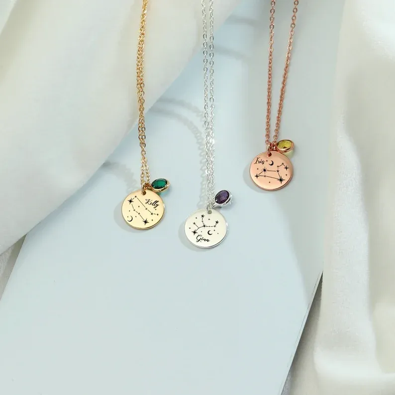 Personalized Zodiac Necklace with Birthstone, Dainty Constellation Jewelry, Custom Astrology Gift for Her, Minimalist Gold Finish Necklace