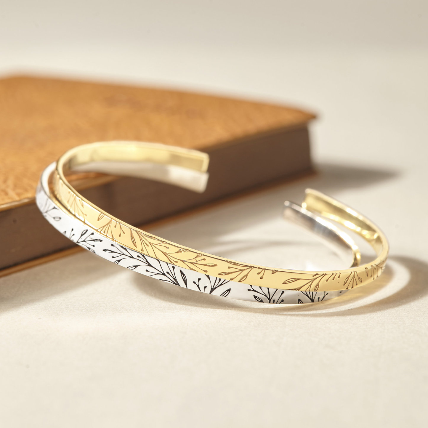 Personalized Engraved Bangle Custom Hidden Message Cuff Custom Botanical Branch Pattern Bangle Custom Inside Engraving Bracelet First Mother's Day Gift for Wife