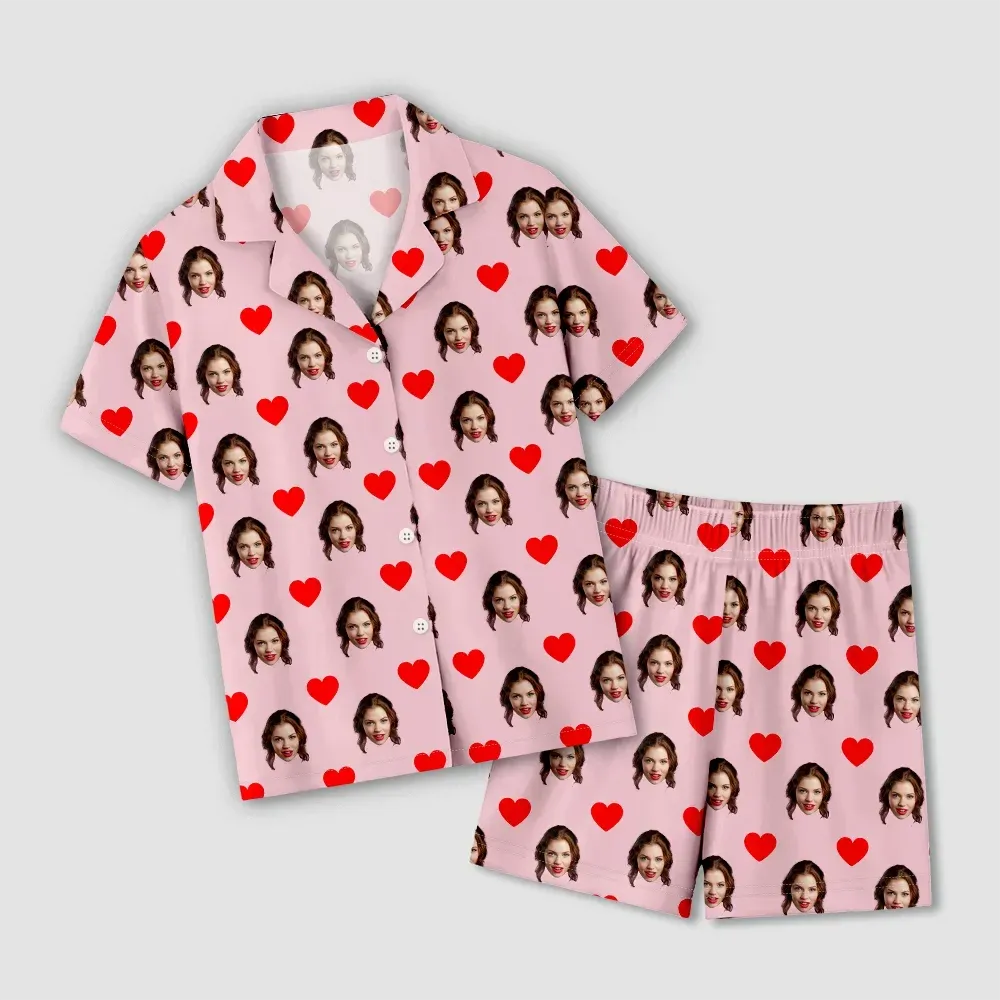Custom Face Short Sleeve Pajamas Custom Red Heart Photo Pajamas