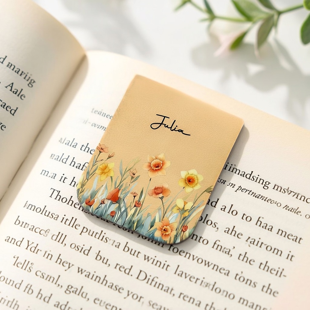 Personalized Watercolor Birth Flower Magnetic Leather Bookmark  Custom Name Birth Flower Magnetic Bookmark Elegant PU Leather Page Marker