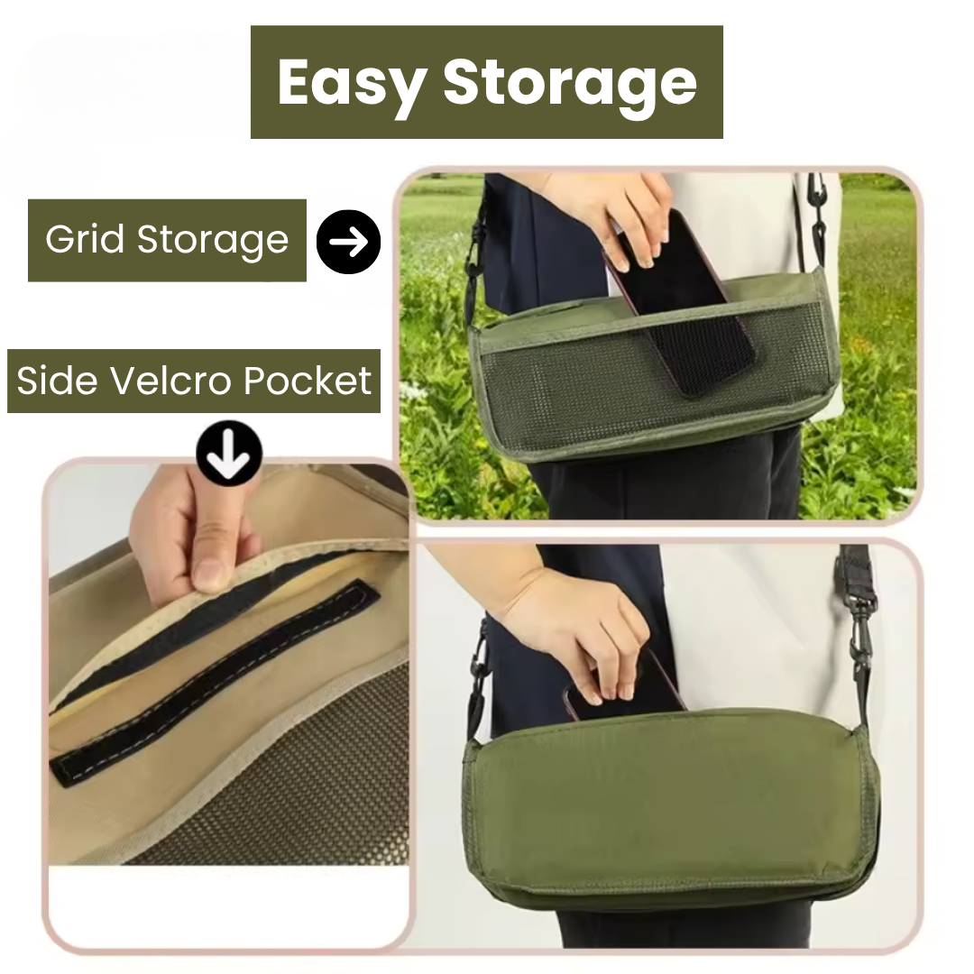 Portable Folding Camping Stool with Integrated Storage Bag & Pockets Lightweight Carbon Steel Outdoor Chair Compact Collapsible Seat 