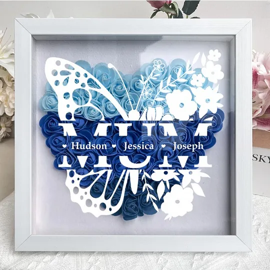 Personalized Butterfly Version Flower Shadow Box - Gift For Mom Custom Children Names