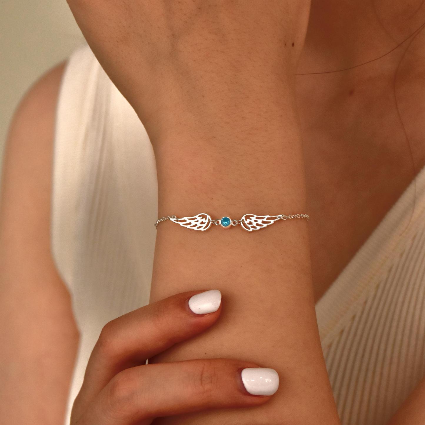 Personalized Birthstone Angel Wing Bracelet Custom Birth Month Gem Adjustable Wing Bracelet Guardian Angel Wing & Birthstone Charm
