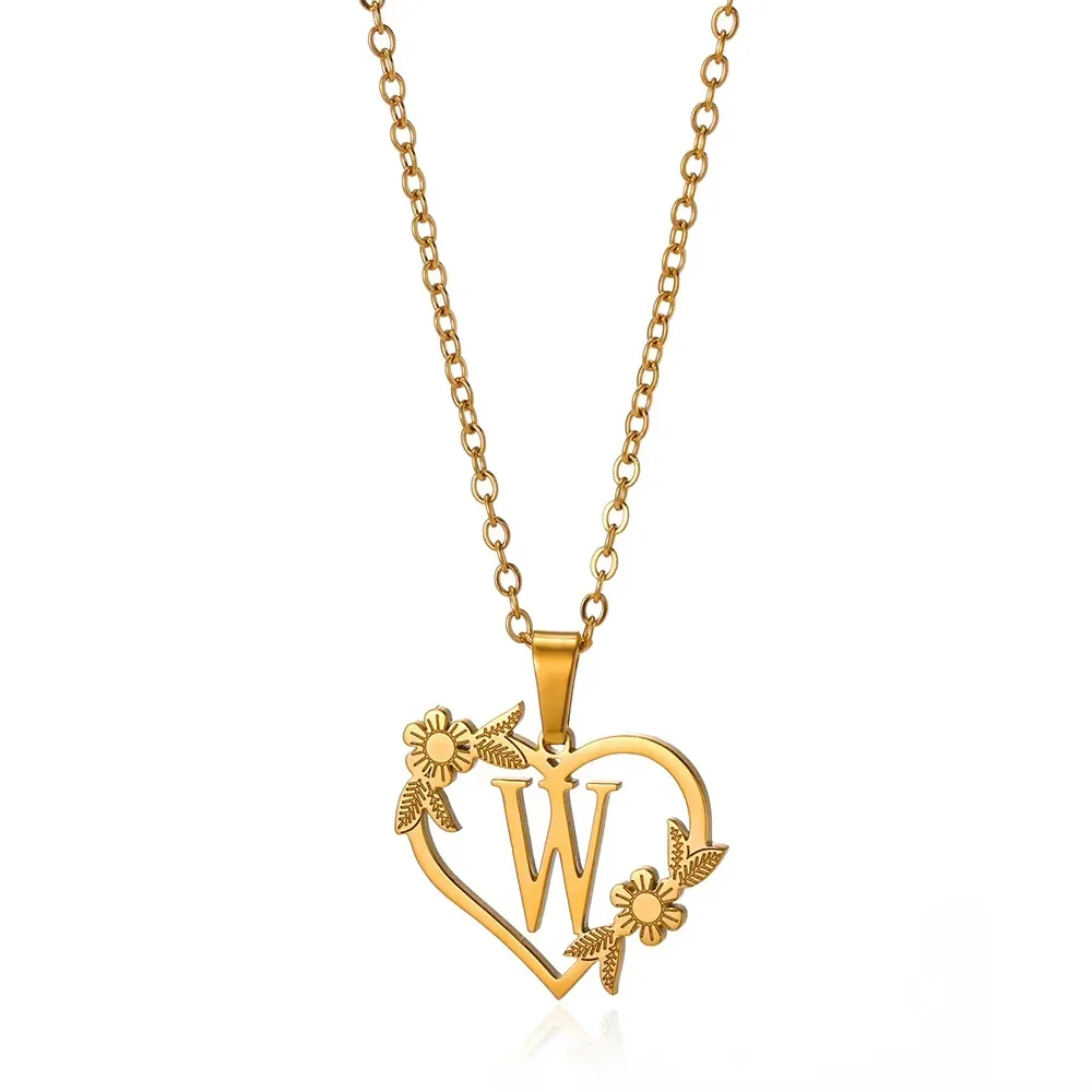 Initial Heart Necklace with Flower Charm Heart Letter Pendant Personalized Floral Initial Necklace Bloom Heart Letter Necklace