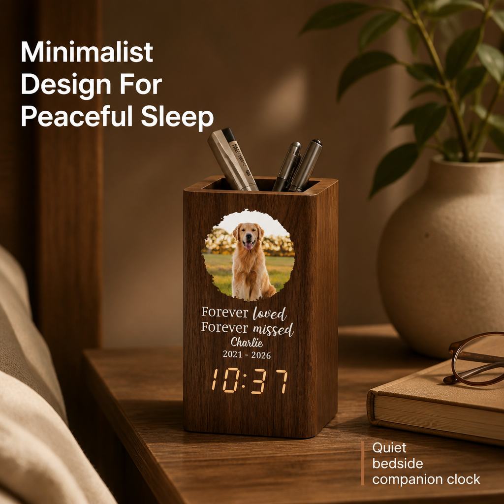 Personalized Photo Name Date Pet Memorial Pen Holder Custom Digital Clock Temperature Display Keepsake Gift for Pet Owner