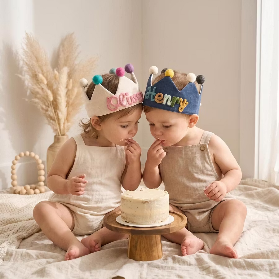 Custom Name Linen Birthday Crown Personalized Toddler Linen Birthday Crown  Embroidered Kids Photo Prop
