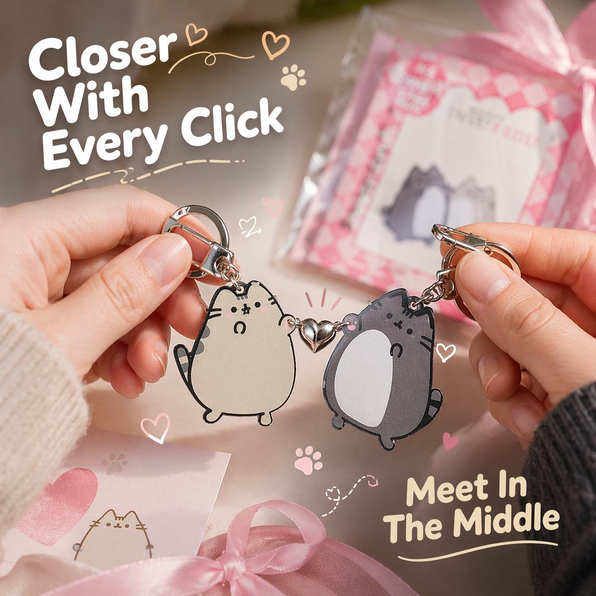 Magnetic Couple Keychain Cute Chubby Cats Matching Heart Keyring Set Gifts For Lovers