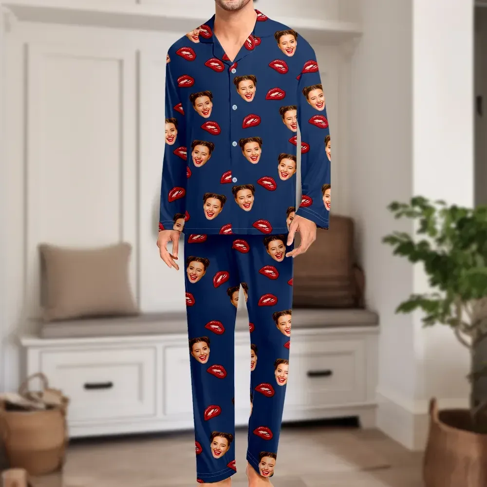 Custom Face Long Sleeve Pajamas Custom Red Lips Photo Pajamas