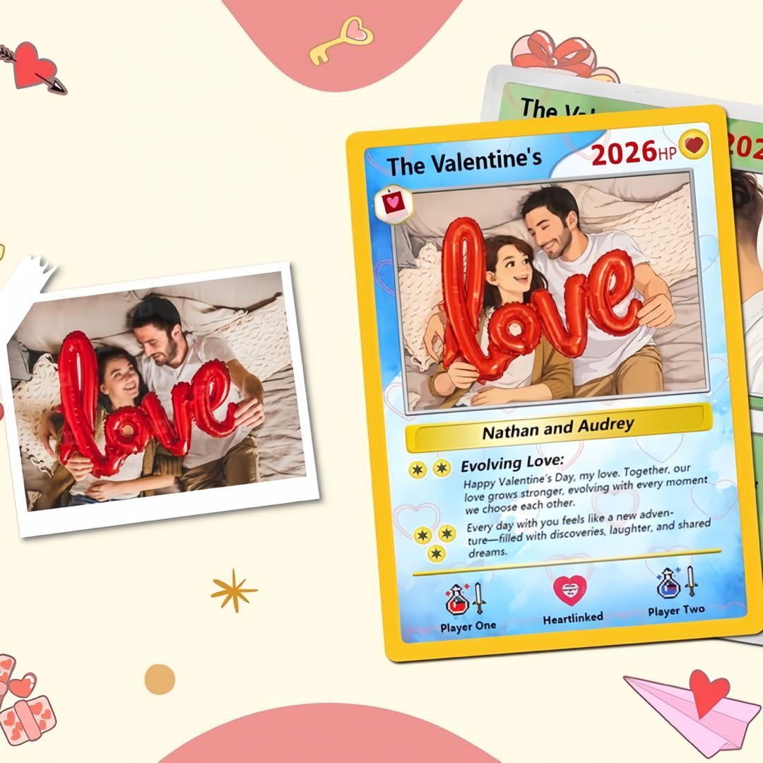Personalized Valentine’s Day Power Couple Card, Custom Anniversary Card Couple Photo Anime Style, Best Valentine's Day Gift for Lover - namenecklace