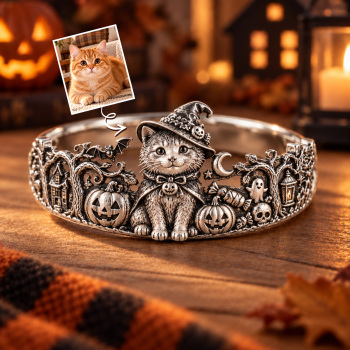 Personalized S925 Sterling Silver 3D Pet Ring, Custom Photo to 3D Sculpted Dog & Cat Animal Ring, Halloween Scene Unique Pet Mom Keepsake Jewelry - namenecklace