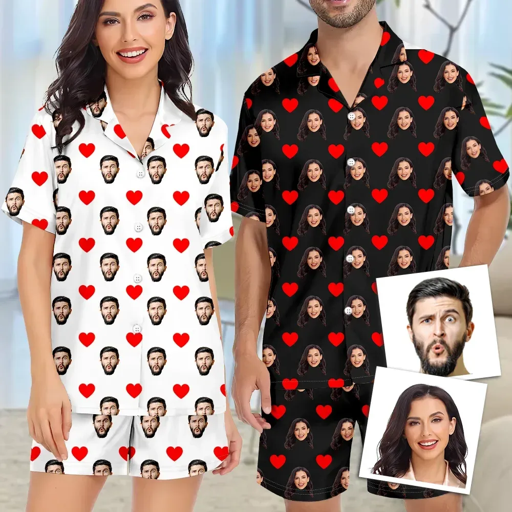 Custom Face Short Sleeve Pajamas Custom Red Heart Photo Pajamas