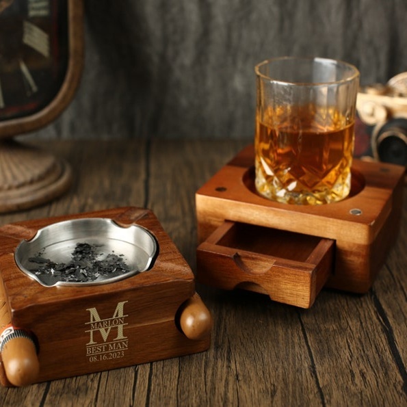 Personalized Whiskey & Cigar Tray Glass Holder Ashtray Whiskey, 2 in 1 Wooden Cigar Ashtray With Whiskey Glass Holder, Great Gifts for Men
