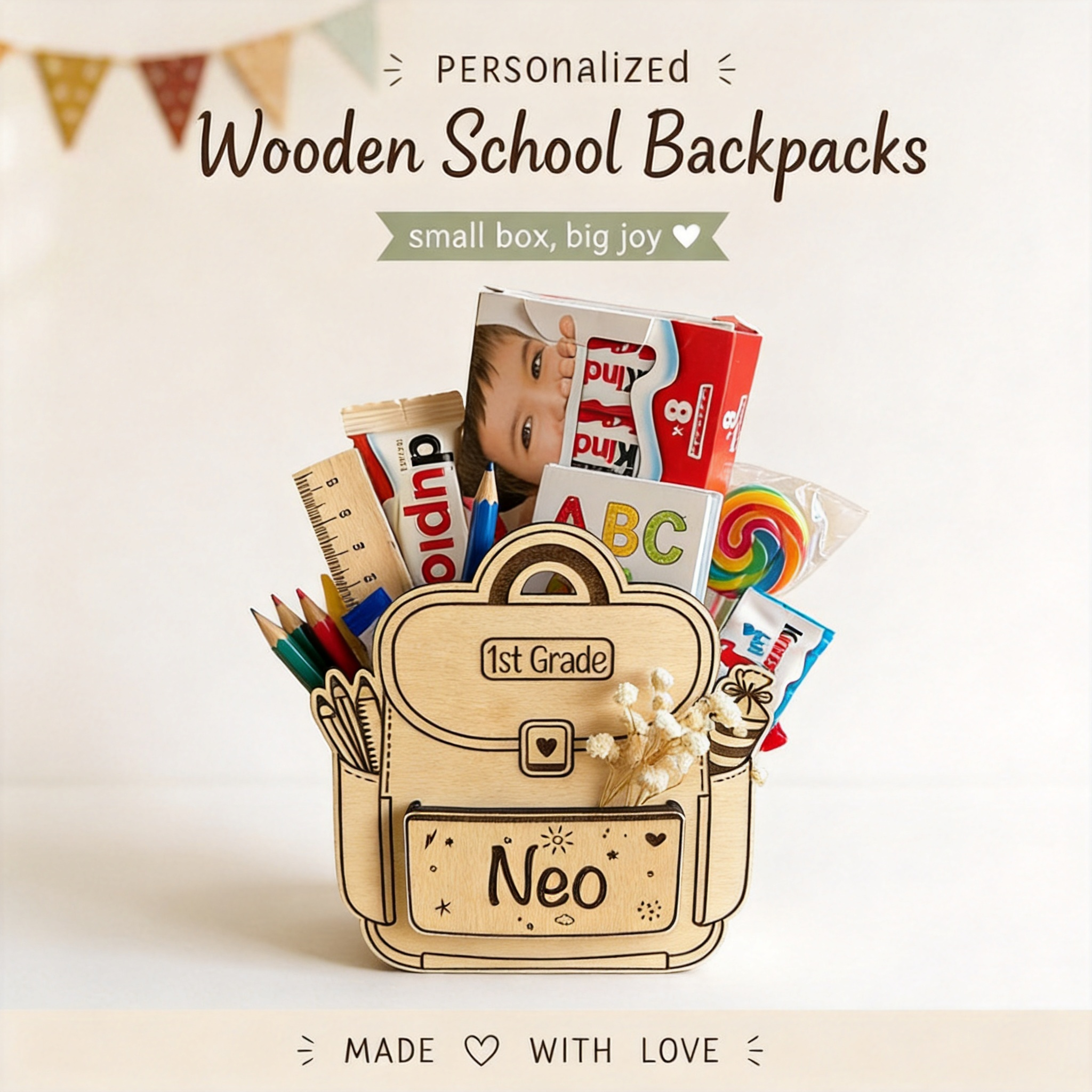 Personalized Name Grade Wooden Schoolbag Box Custom Name Text Desk Organizer First Day of School Gift for Kids