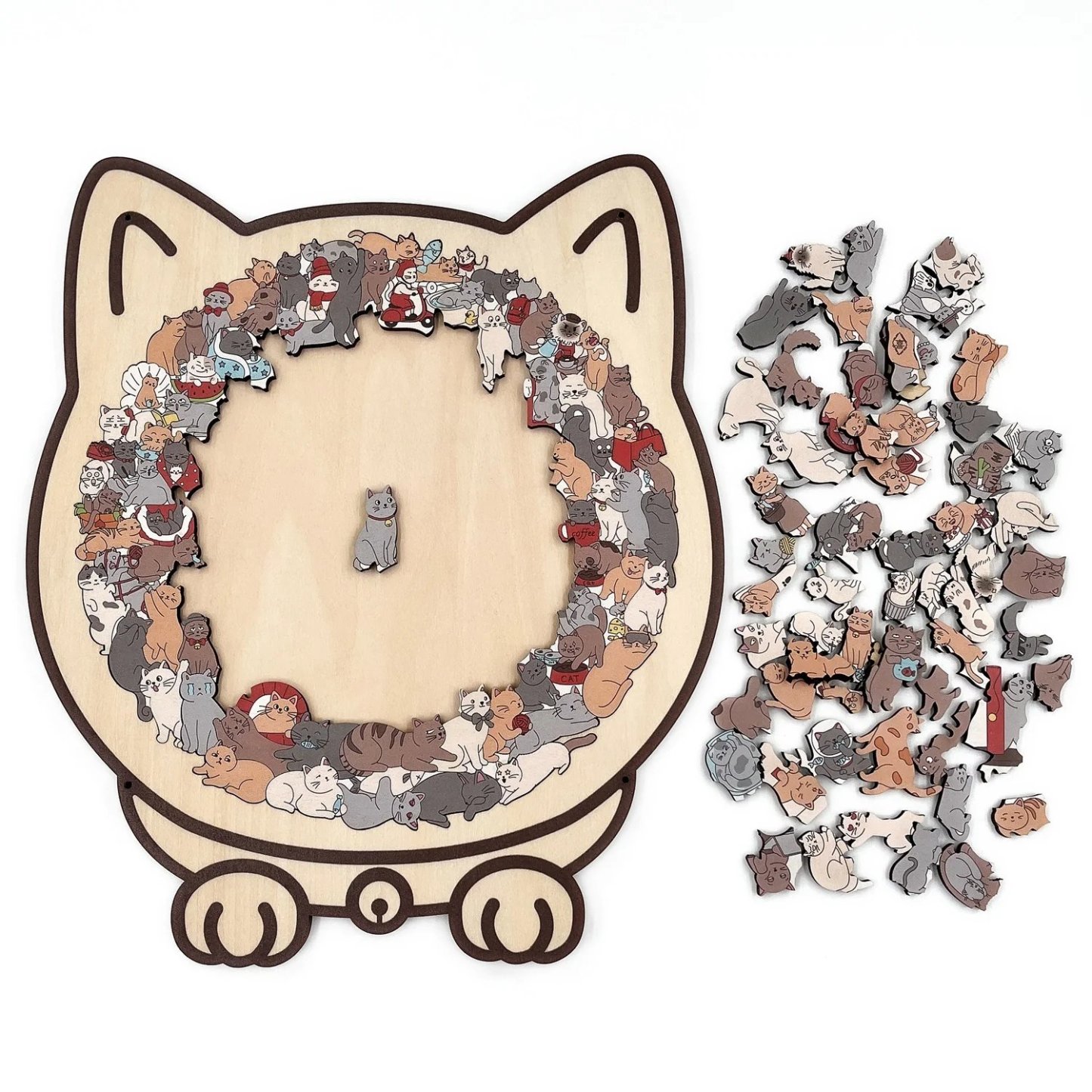 135-Piece Morandi-Colored Cat Shaped Wooden Jigsaw Puzzle Unique Gift for Cat Lover