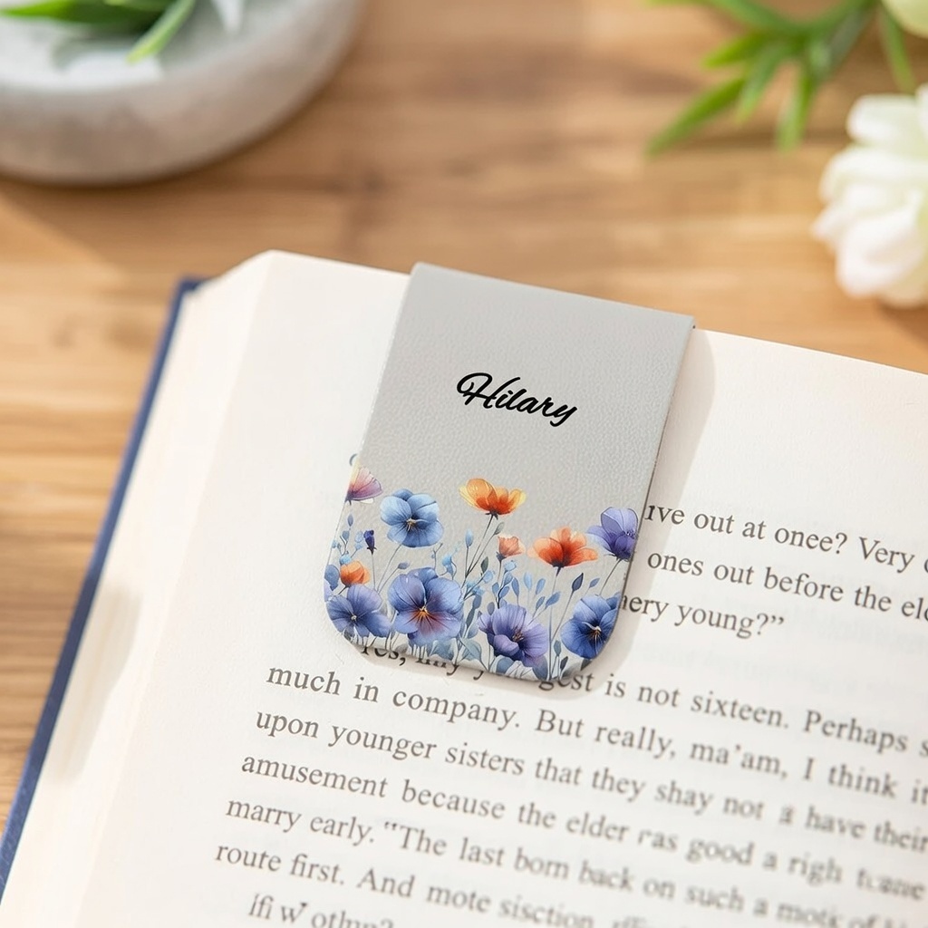 Personalized Watercolor Birth Flower Magnetic Leather Bookmark  Custom Name Birth Flower Magnetic Bookmark Elegant PU Leather Page Marker