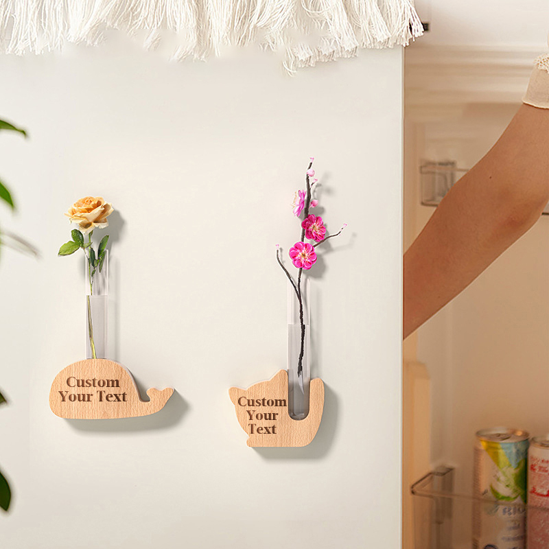 Customized Animal Wooden Hydroponic Vase Refrigerator Personalized Refrigerator Decals Flower Plug Magnetic Wooden Refrigerator Magnet