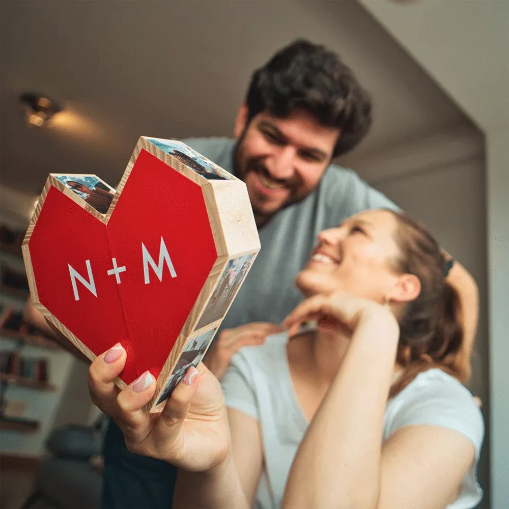 Personalized Photo Heart Folding Wood Photo Box Custom Romantic Folding Heart Photo Frame Heart-Shaped Memory Box Valentine's Day Gifts