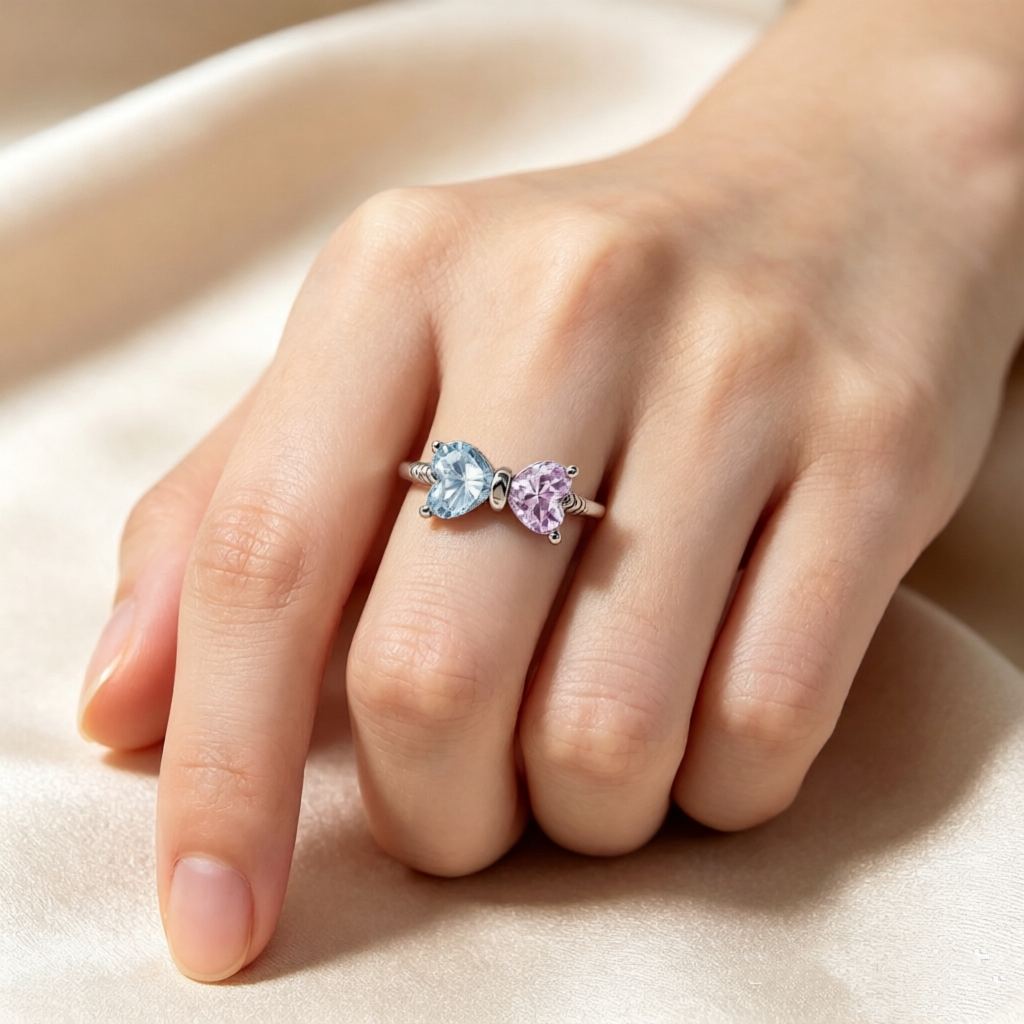 Personalized Heart Birthstones Bow Ring Custom Two Heart Birthstone Ring Adjustable Bow Knot Best Friend Gift