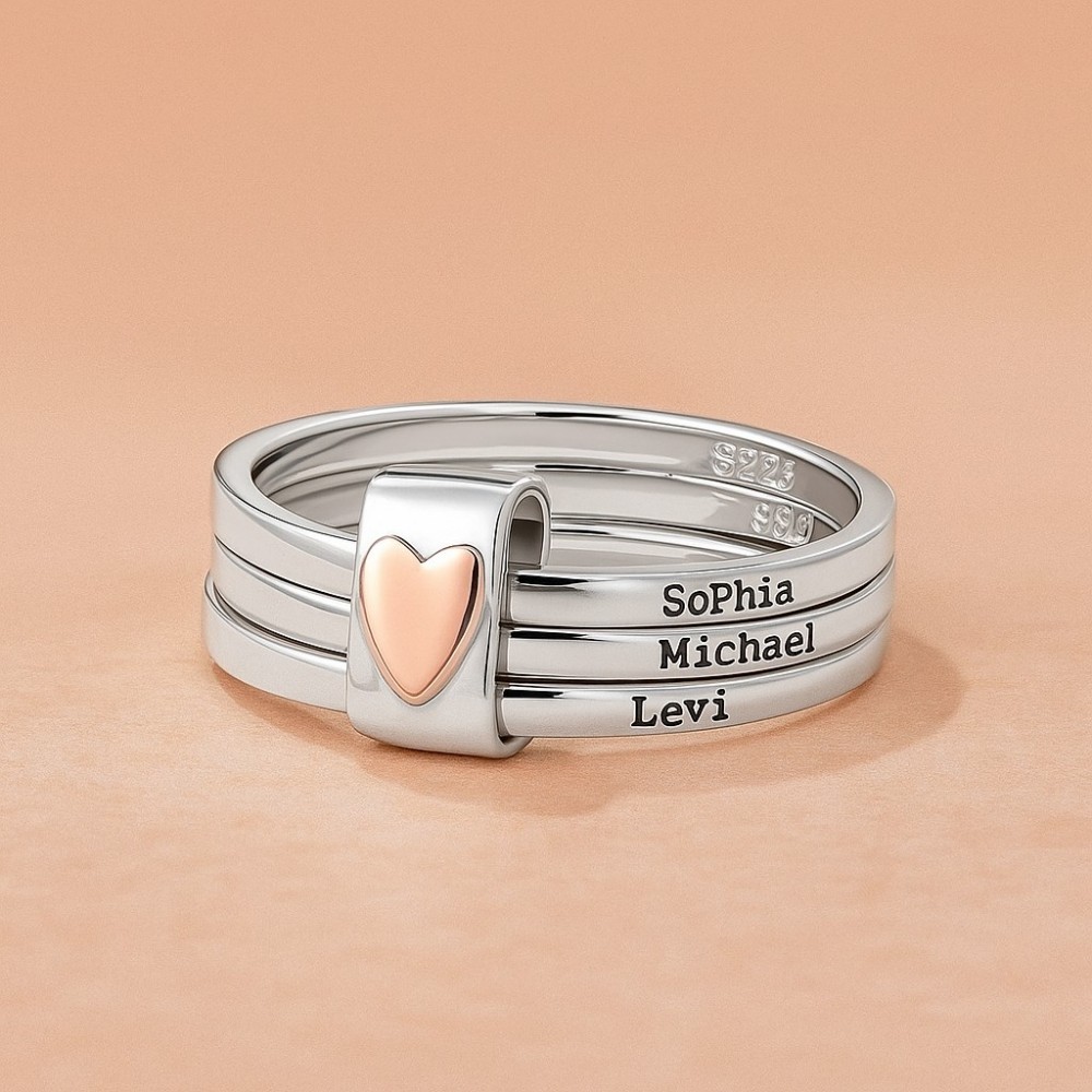 Personalized Sterling Silver Heart Name Stacking Ring Custom Engraved 2-7 Names Jewelry, Perfect Christmas, Valentine��s & Birthday Gift for Mom Grandma