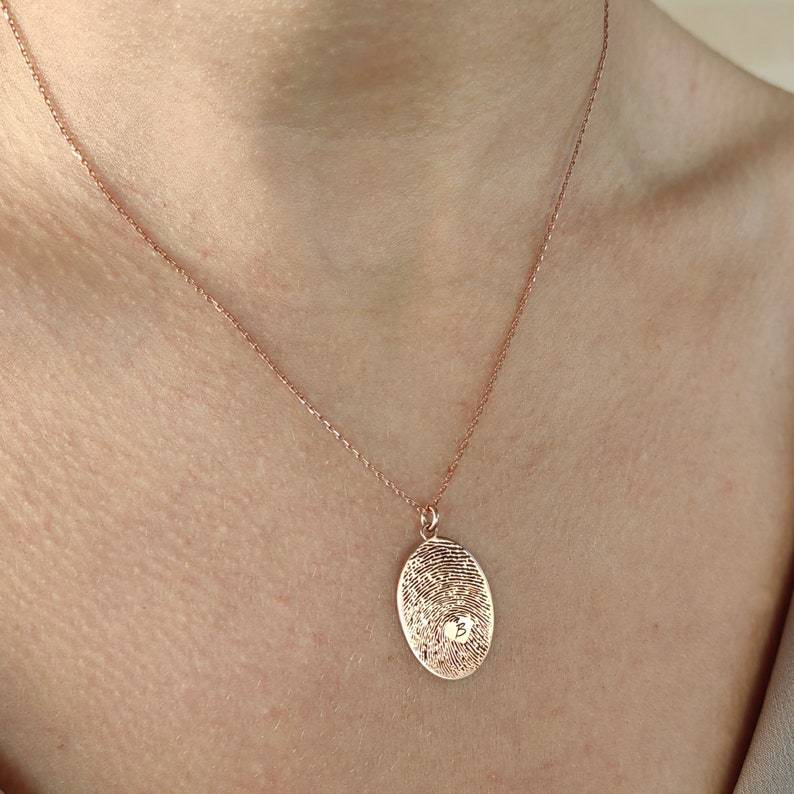 Personalized Fingerprint Necklace Custom Engraved Initial & Fingerprint Oval Pendant Forever Love Keepsake Necklace Gifts for Her