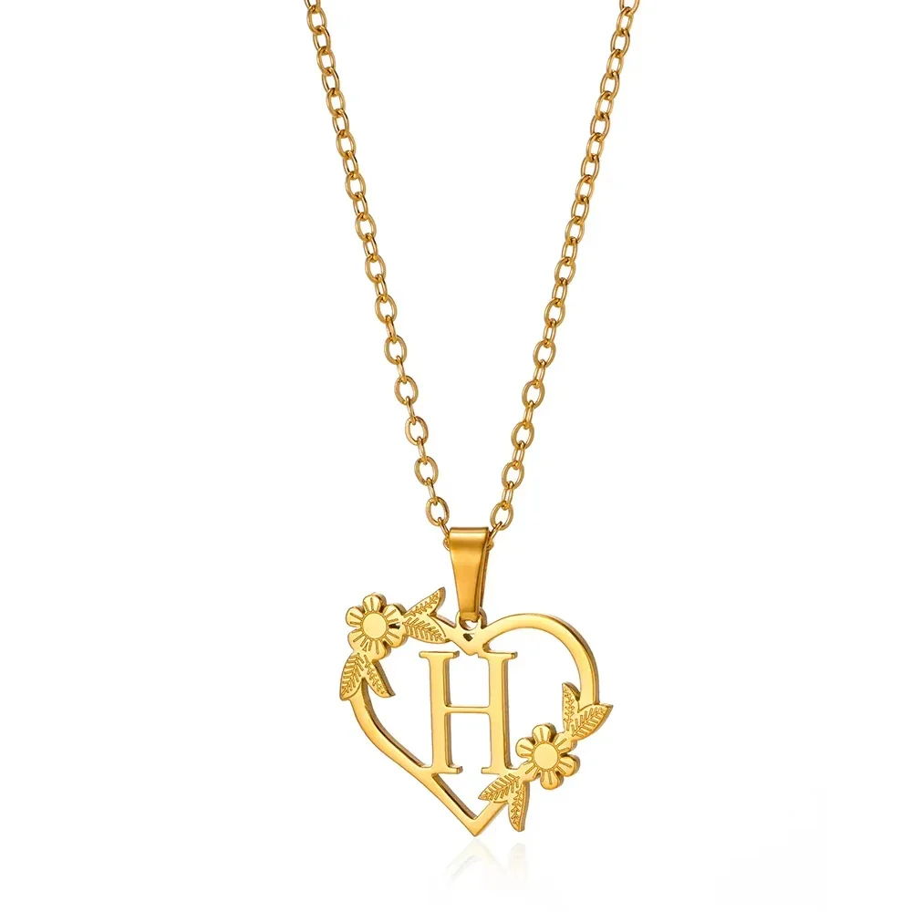 Initial Heart Necklace with Flower Charm Heart Letter Pendant Personalized Floral Initial Necklace Bloom Heart Letter Necklace
