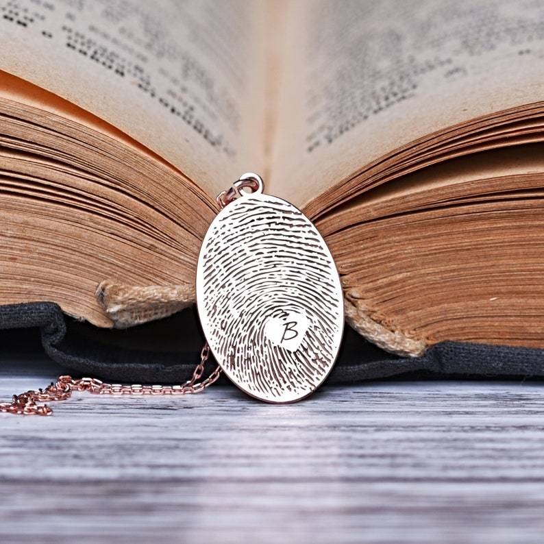 Personalized Fingerprint Necklace Custom Engraved Initial & Fingerprint Oval Pendant Forever Love Keepsake Necklace Gifts for Her