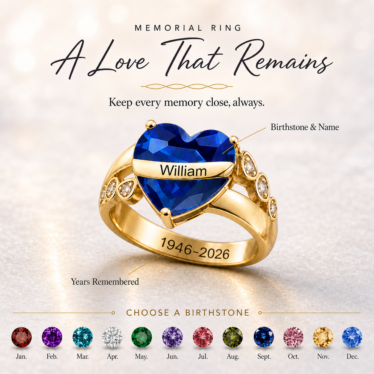 Custom Memorial Heart Ring Personalized Birthstone Engraved Remembrance Jewelry Gift for Her